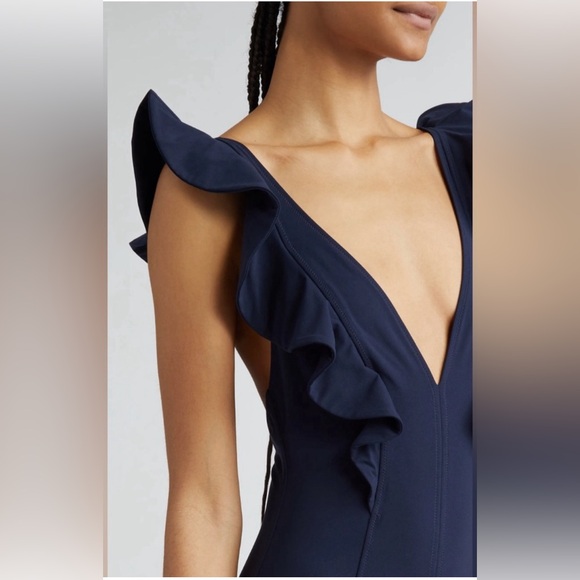 Ulla Johnson Evelina Ruffle Plunge One-Piece Swimsuit, Navy, Size Large, $380 - Picture 4 of 16
